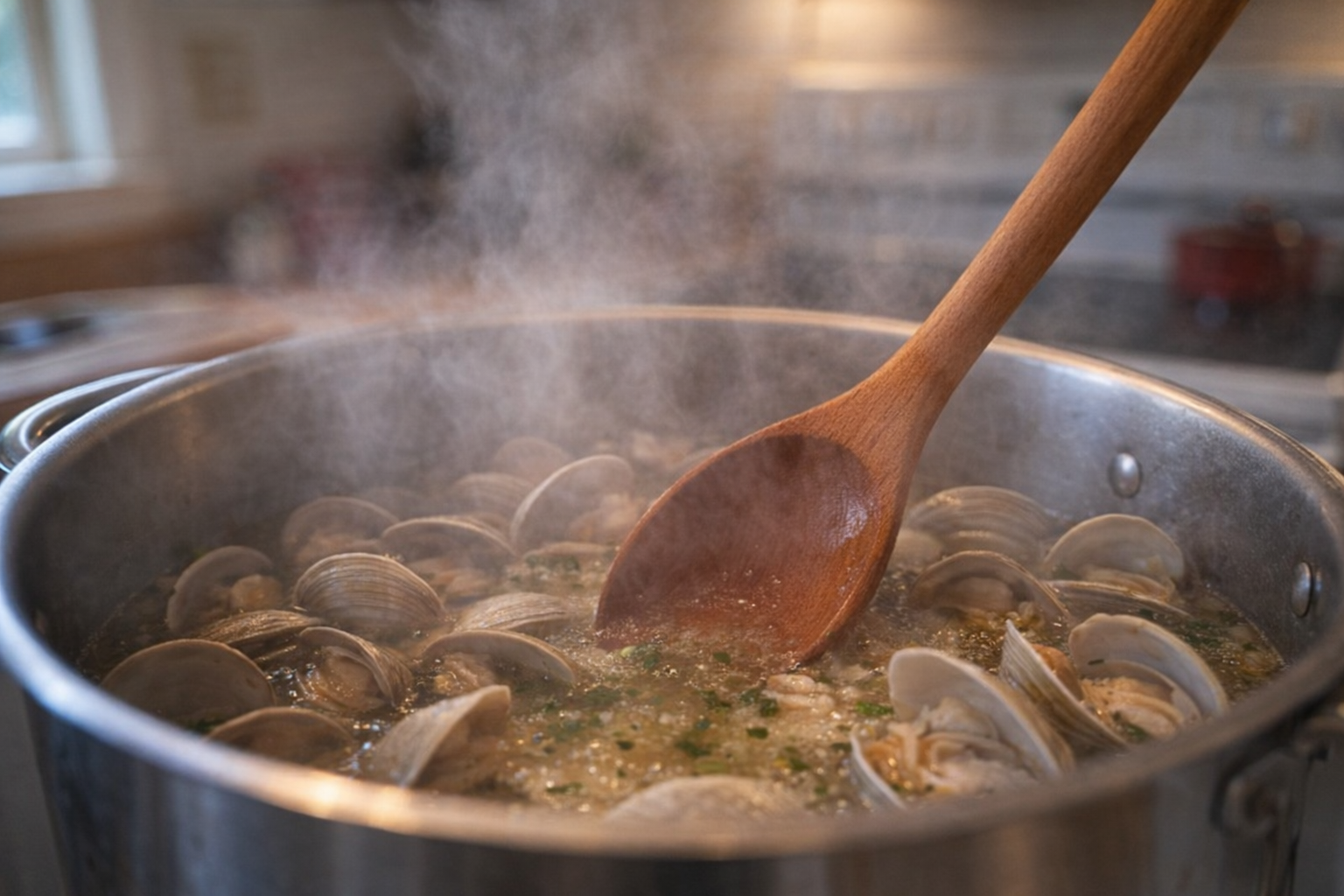 An eye-level shot of clams steaming in a large pot, with steam rising and a wooden spoon stirring the broth